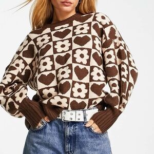 Plus Size Trendy Brown Sweater in Floral and Heart Print - UK20 US16
